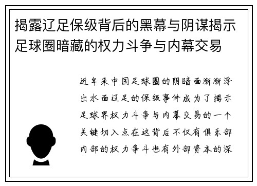 揭露辽足保级背后的黑幕与阴谋揭示足球圈暗藏的权力斗争与内幕交易